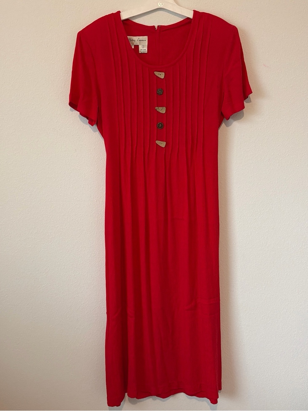 Betsy Lauren Classic Red Pleated Midi Dress with Decorative Buttons